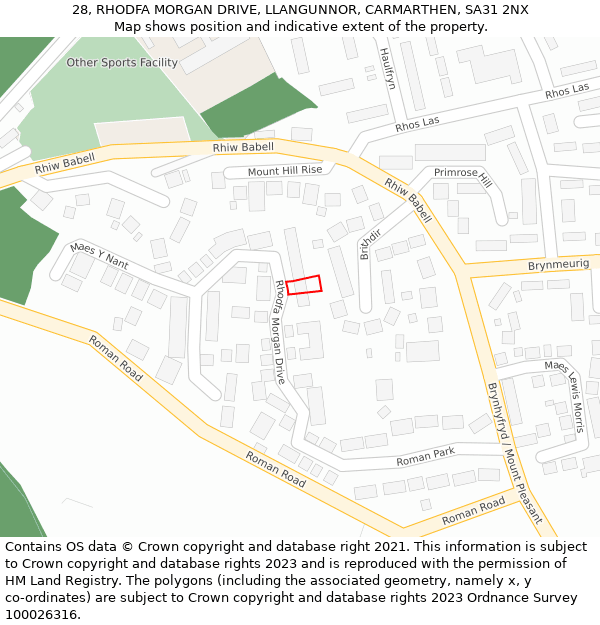 28, RHODFA MORGAN DRIVE, LLANGUNNOR, CARMARTHEN, SA31 2NX: Location map and indicative extent of plot