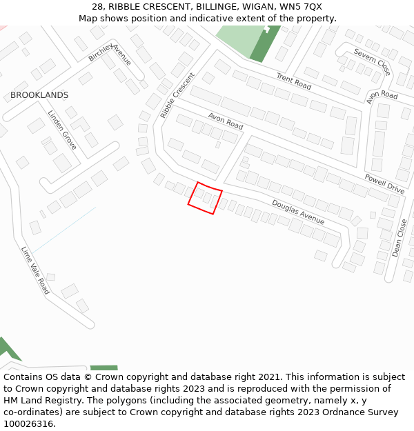 28, RIBBLE CRESCENT, BILLINGE, WIGAN, WN5 7QX: Location map and indicative extent of plot