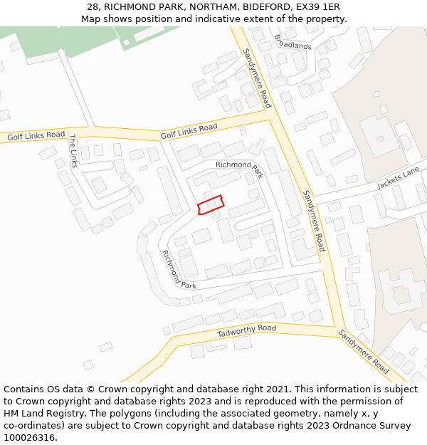 28, RICHMOND PARK, NORTHAM, BIDEFORD, EX39 1ER: Location map and indicative extent of plot