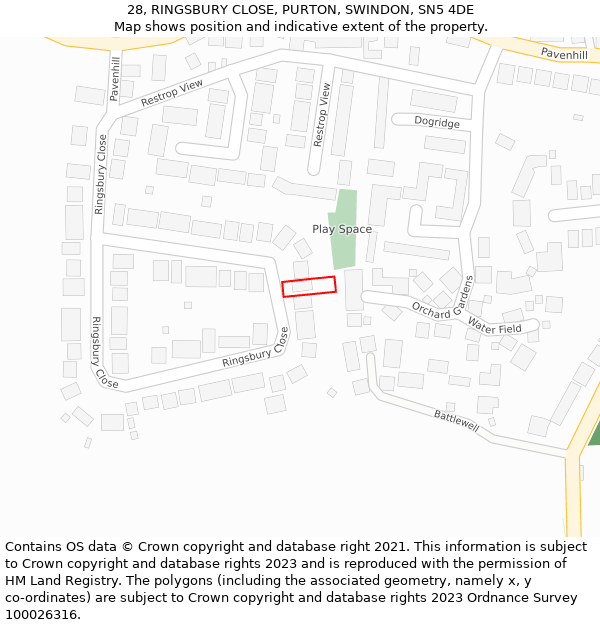 28, RINGSBURY CLOSE, PURTON, SWINDON, SN5 4DE: Location map and indicative extent of plot