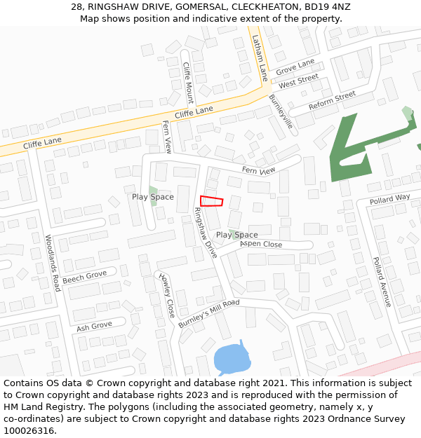 28, RINGSHAW DRIVE, GOMERSAL, CLECKHEATON, BD19 4NZ: Location map and indicative extent of plot