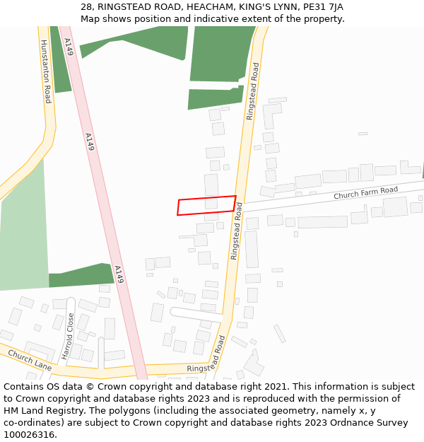 28, RINGSTEAD ROAD, HEACHAM, KING'S LYNN, PE31 7JA: Location map and indicative extent of plot