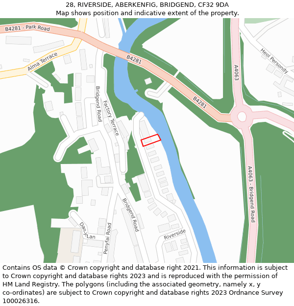 28, RIVERSIDE, ABERKENFIG, BRIDGEND, CF32 9DA: Location map and indicative extent of plot