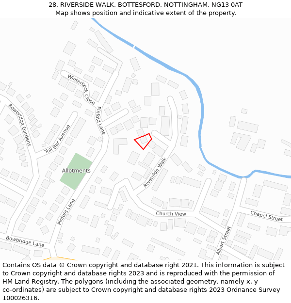 28, RIVERSIDE WALK, BOTTESFORD, NOTTINGHAM, NG13 0AT: Location map and indicative extent of plot