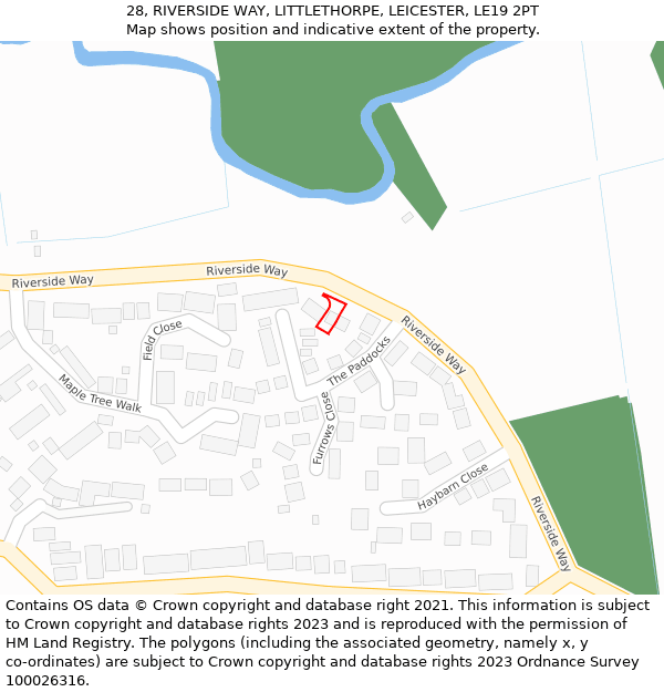 28, RIVERSIDE WAY, LITTLETHORPE, LEICESTER, LE19 2PT: Location map and indicative extent of plot