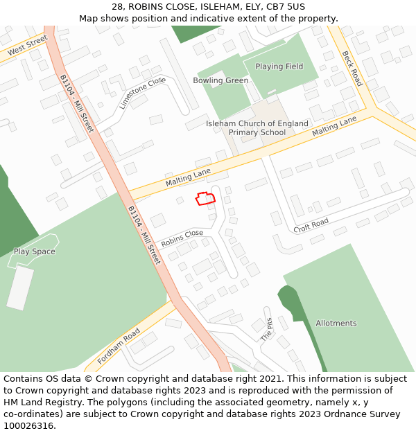 28, ROBINS CLOSE, ISLEHAM, ELY, CB7 5US: Location map and indicative extent of plot