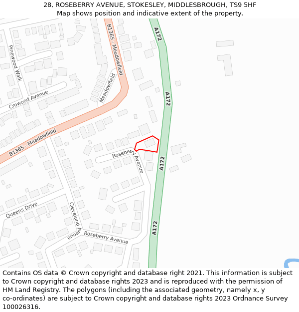 28, ROSEBERRY AVENUE, STOKESLEY, MIDDLESBROUGH, TS9 5HF: Location map and indicative extent of plot