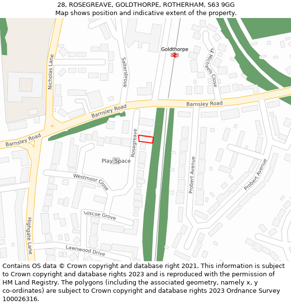 28, ROSEGREAVE, GOLDTHORPE, ROTHERHAM, S63 9GG: Location map and indicative extent of plot