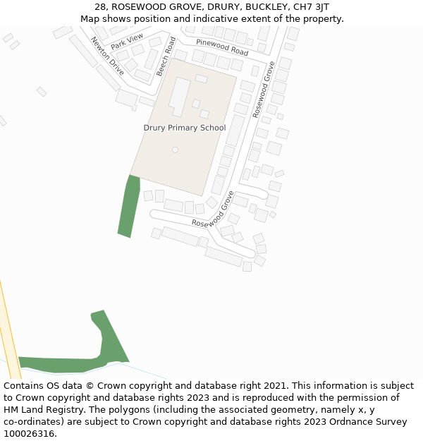 28, ROSEWOOD GROVE, DRURY, BUCKLEY, CH7 3JT: Location map and indicative extent of plot