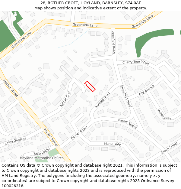 28, ROTHER CROFT, HOYLAND, BARNSLEY, S74 0AF: Location map and indicative extent of plot