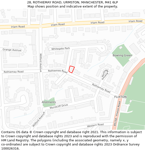 28, ROTHIEMAY ROAD, URMSTON, MANCHESTER, M41 6LP: Location map and indicative extent of plot