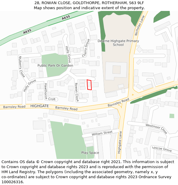 28, ROWAN CLOSE, GOLDTHORPE, ROTHERHAM, S63 9LF: Location map and indicative extent of plot