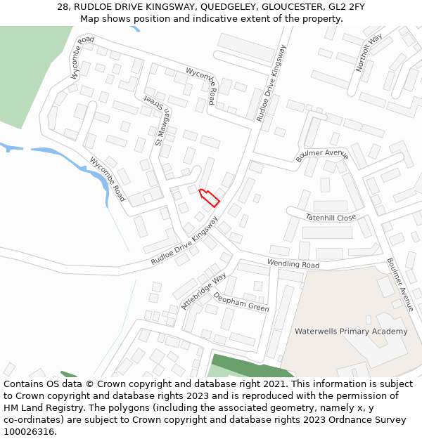 28, RUDLOE DRIVE KINGSWAY, QUEDGELEY, GLOUCESTER, GL2 2FY: Location map and indicative extent of plot