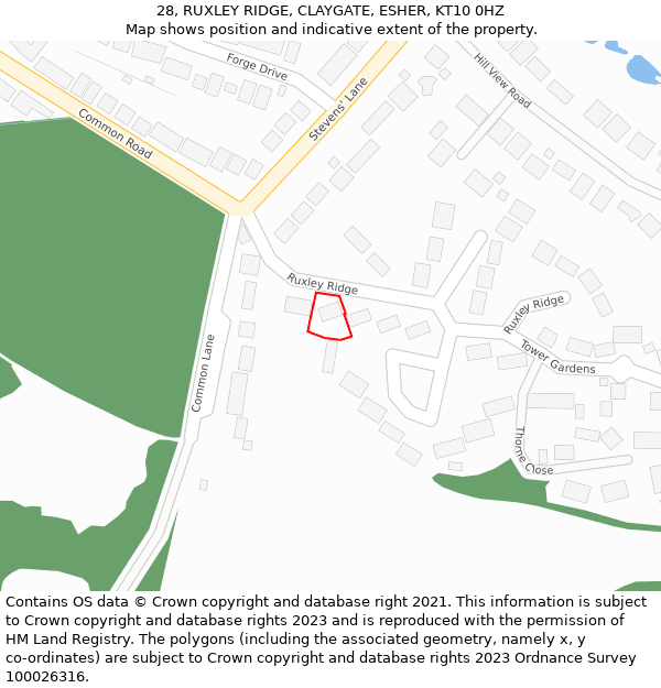 28, RUXLEY RIDGE, CLAYGATE, ESHER, KT10 0HZ: Location map and indicative extent of plot
