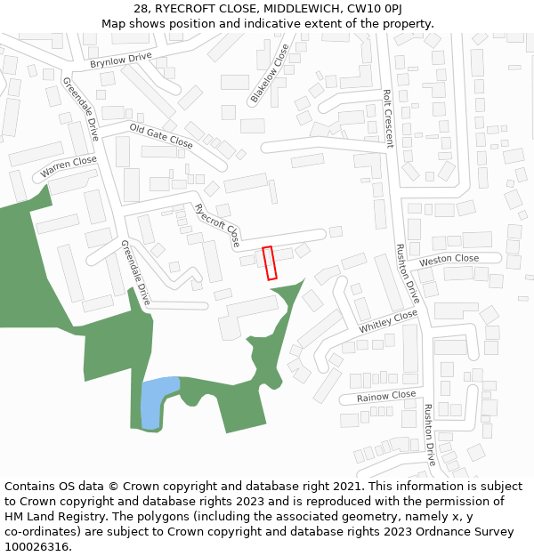 28, RYECROFT CLOSE, MIDDLEWICH, CW10 0PJ: Location map and indicative extent of plot