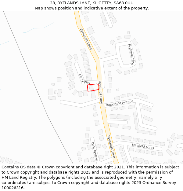 28, RYELANDS LANE, KILGETTY, SA68 0UU: Location map and indicative extent of plot