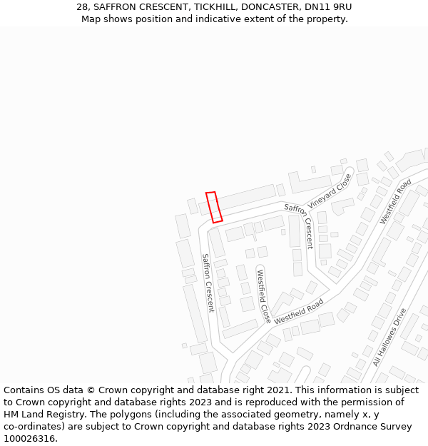 28, SAFFRON CRESCENT, TICKHILL, DONCASTER, DN11 9RU: Location map and indicative extent of plot