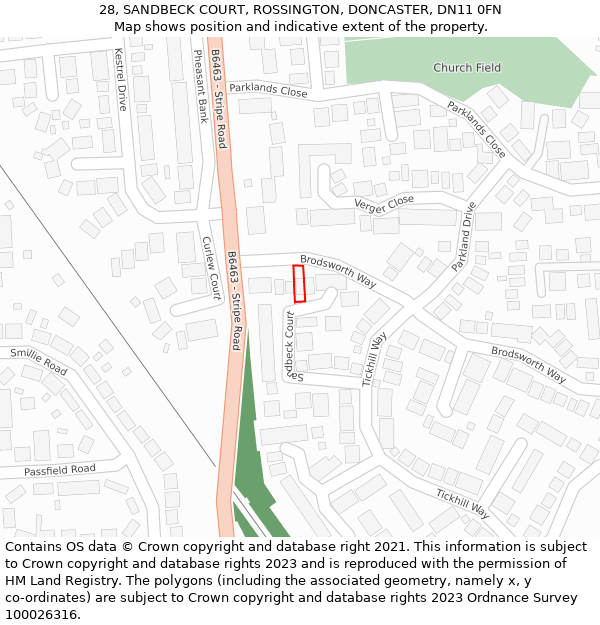 28, SANDBECK COURT, ROSSINGTON, DONCASTER, DN11 0FN: Location map and indicative extent of plot