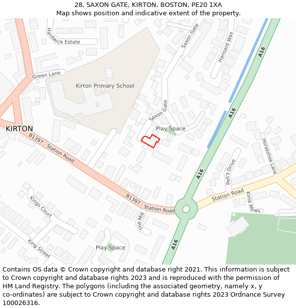 28, SAXON GATE, KIRTON, BOSTON, PE20 1XA: Location map and indicative extent of plot