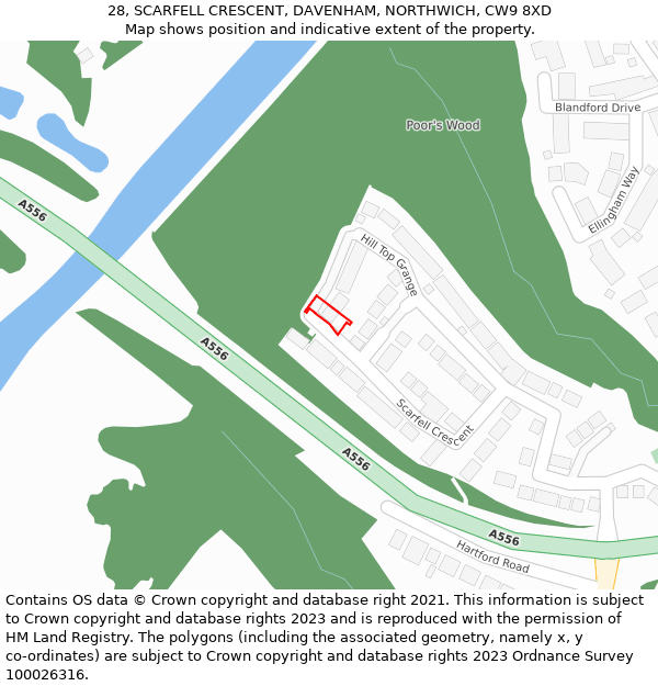 28, SCARFELL CRESCENT, DAVENHAM, NORTHWICH, CW9 8XD: Location map and indicative extent of plot