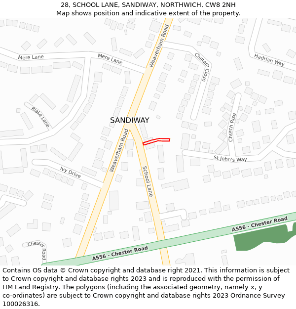 28, SCHOOL LANE, SANDIWAY, NORTHWICH, CW8 2NH: Location map and indicative extent of plot