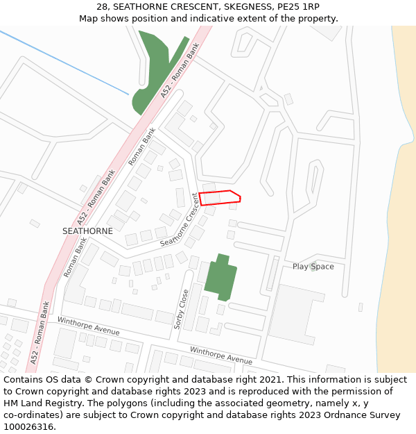 28, SEATHORNE CRESCENT, SKEGNESS, PE25 1RP: Location map and indicative extent of plot