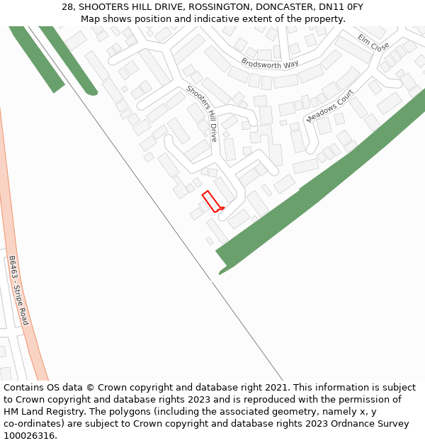 28, SHOOTERS HILL DRIVE, ROSSINGTON, DONCASTER, DN11 0FY: Location map and indicative extent of plot