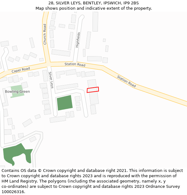 28, SILVER LEYS, BENTLEY, IPSWICH, IP9 2BS: Location map and indicative extent of plot