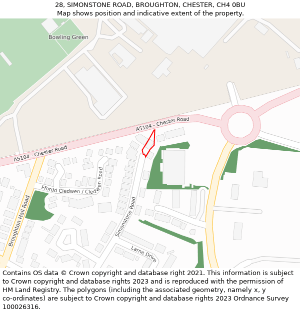 28, SIMONSTONE ROAD, BROUGHTON, CHESTER, CH4 0BU: Location map and indicative extent of plot