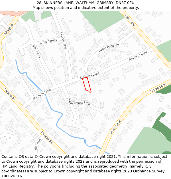 28, SKINNERS LANE, WALTHAM, GRIMSBY, DN37 0EU: Location map and indicative extent of plot