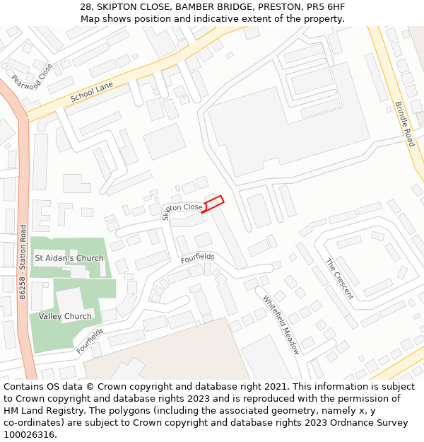 28, SKIPTON CLOSE, BAMBER BRIDGE, PRESTON, PR5 6HF: Location map and indicative extent of plot