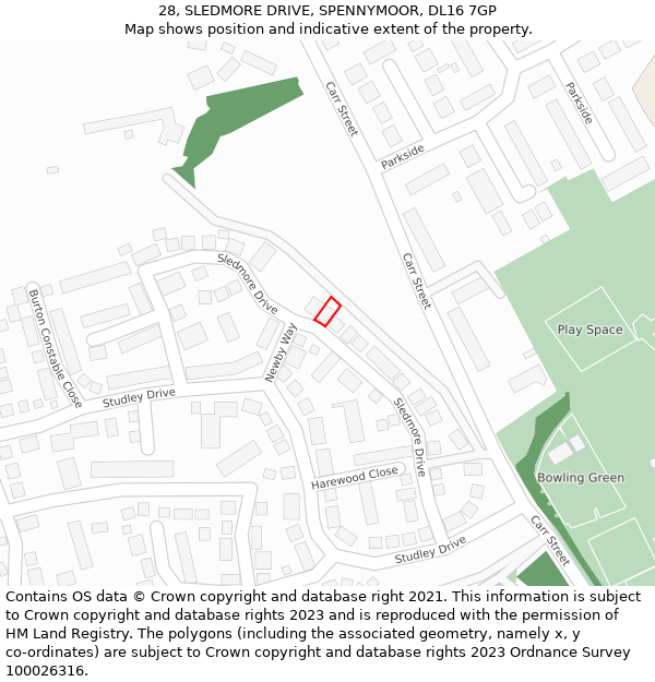 28, SLEDMORE DRIVE, SPENNYMOOR, DL16 7GP: Location map and indicative extent of plot