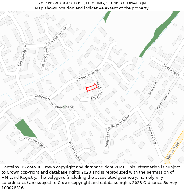 28, SNOWDROP CLOSE, HEALING, GRIMSBY, DN41 7JN: Location map and indicative extent of plot