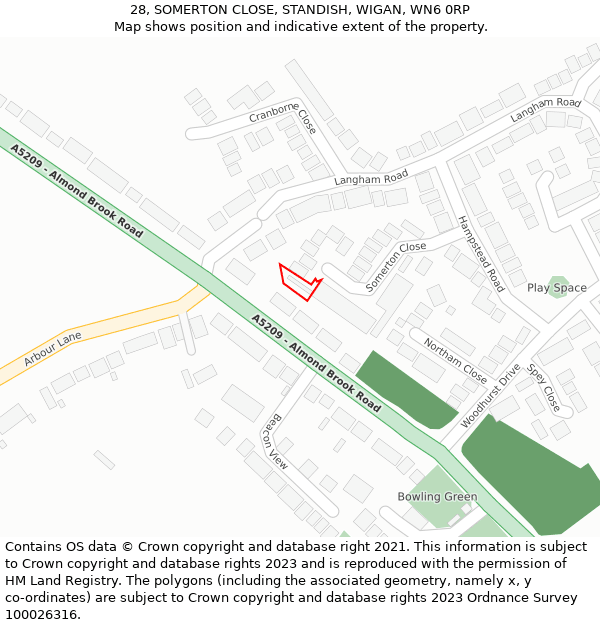 28, SOMERTON CLOSE, STANDISH, WIGAN, WN6 0RP: Location map and indicative extent of plot