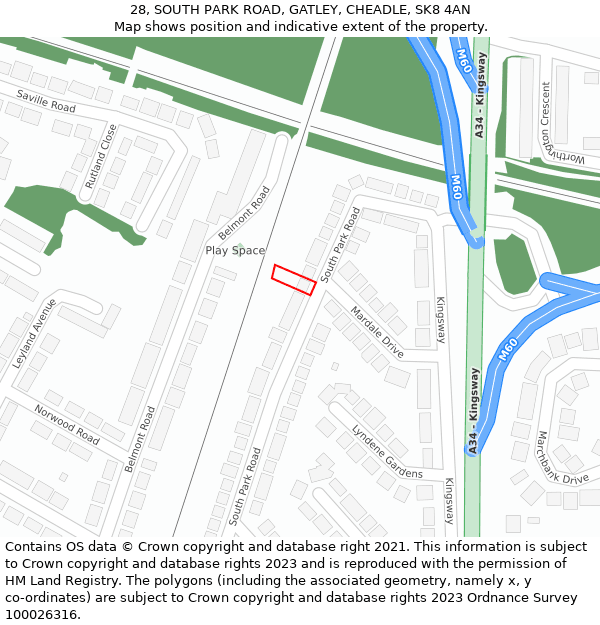 28, SOUTH PARK ROAD, GATLEY, CHEADLE, SK8 4AN: Location map and indicative extent of plot