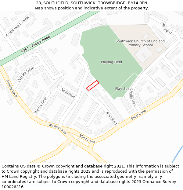 28, SOUTHFIELD, SOUTHWICK, TROWBRIDGE, BA14 9PN: Location map and indicative extent of plot