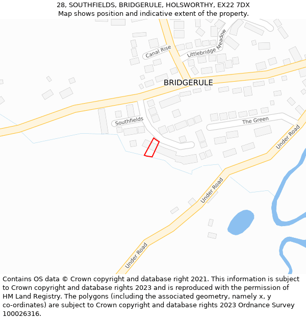 28, SOUTHFIELDS, BRIDGERULE, HOLSWORTHY, EX22 7DX: Location map and indicative extent of plot