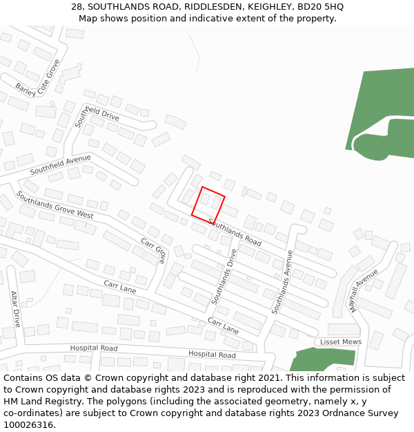 28, SOUTHLANDS ROAD, RIDDLESDEN, KEIGHLEY, BD20 5HQ: Location map and indicative extent of plot
