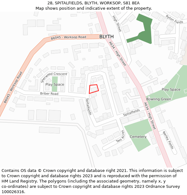 28, SPITALFIELDS, BLYTH, WORKSOP, S81 8EA: Location map and indicative extent of plot