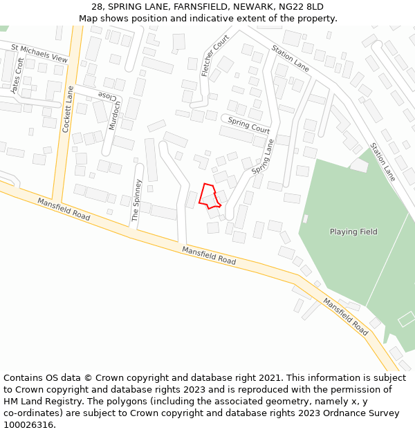 28, SPRING LANE, FARNSFIELD, NEWARK, NG22 8LD: Location map and indicative extent of plot