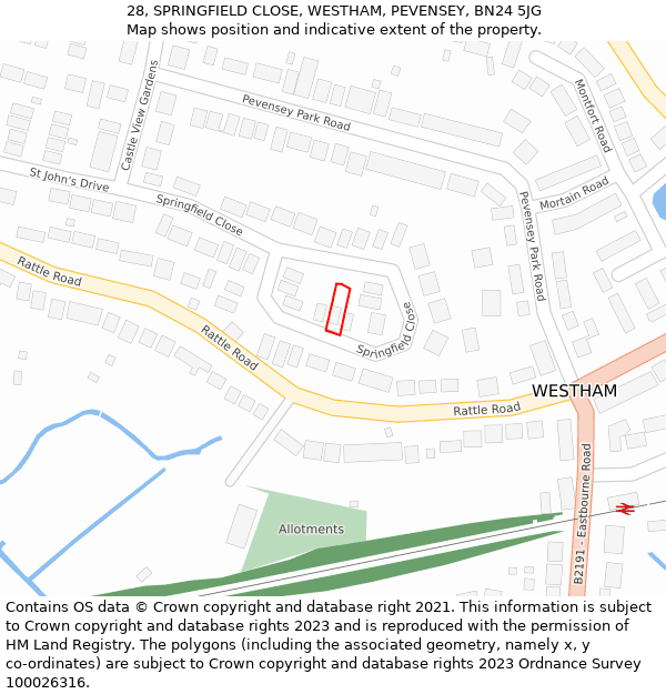 28, SPRINGFIELD CLOSE, WESTHAM, PEVENSEY, BN24 5JG: Location map and indicative extent of plot