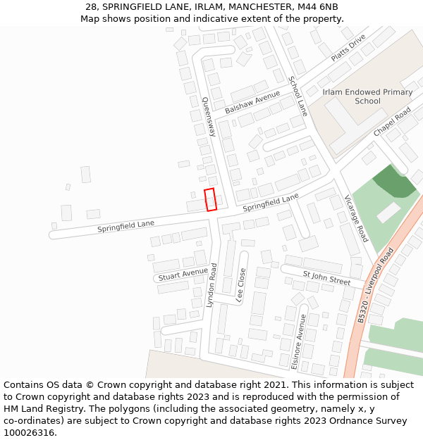 28, SPRINGFIELD LANE, IRLAM, MANCHESTER, M44 6NB: Location map and indicative extent of plot