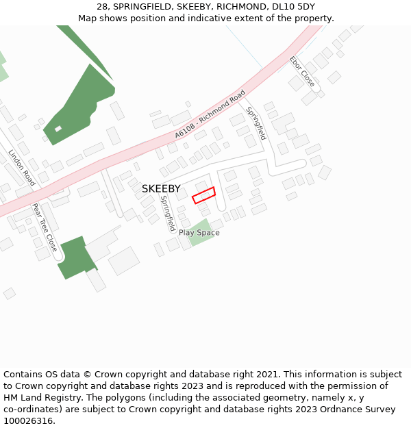 28, SPRINGFIELD, SKEEBY, RICHMOND, DL10 5DY: Location map and indicative extent of plot