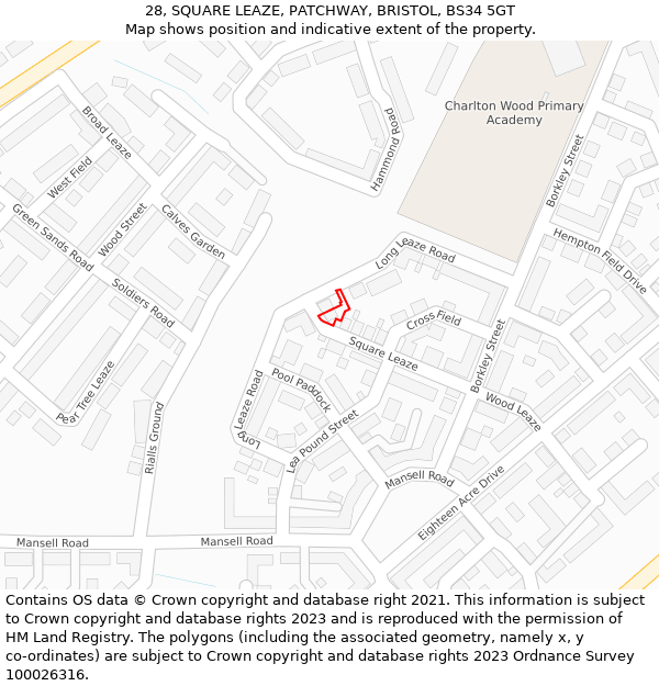 28, SQUARE LEAZE, PATCHWAY, BRISTOL, BS34 5GT: Location map and indicative extent of plot