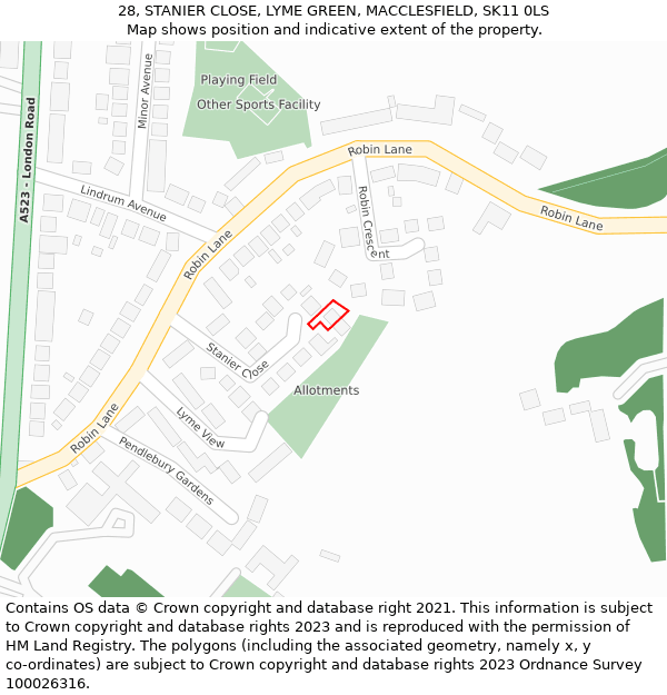 28, STANIER CLOSE, LYME GREEN, MACCLESFIELD, SK11 0LS: Location map and indicative extent of plot