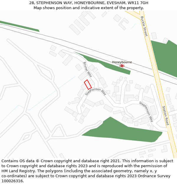 28, STEPHENSON WAY, HONEYBOURNE, EVESHAM, WR11 7GH: Location map and indicative extent of plot