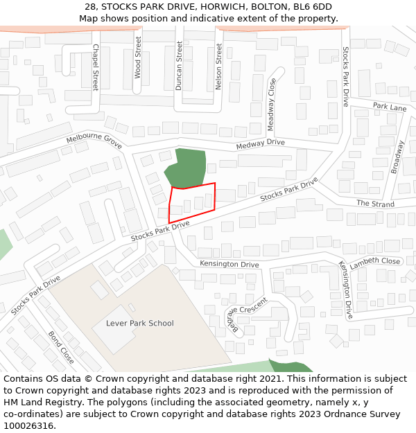 28, STOCKS PARK DRIVE, HORWICH, BOLTON, BL6 6DD: Location map and indicative extent of plot