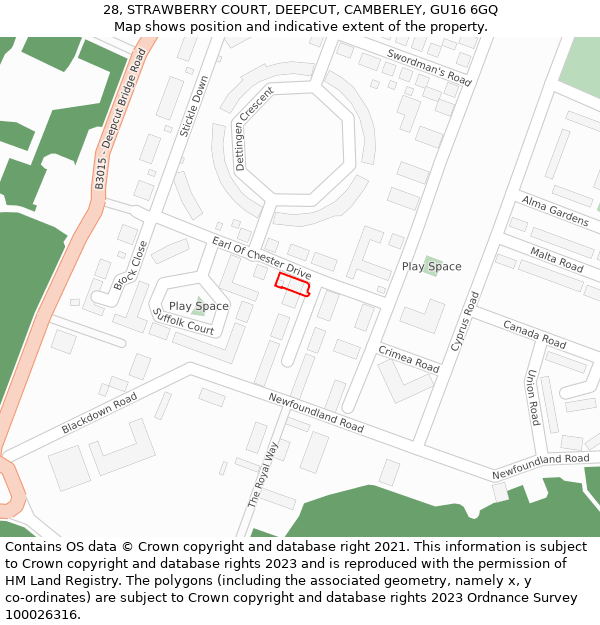 28, STRAWBERRY COURT, DEEPCUT, CAMBERLEY, GU16 6GQ: Location map and indicative extent of plot