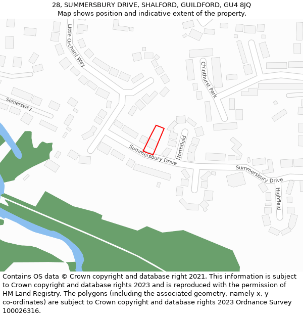 28, SUMMERSBURY DRIVE, SHALFORD, GUILDFORD, GU4 8JQ: Location map and indicative extent of plot