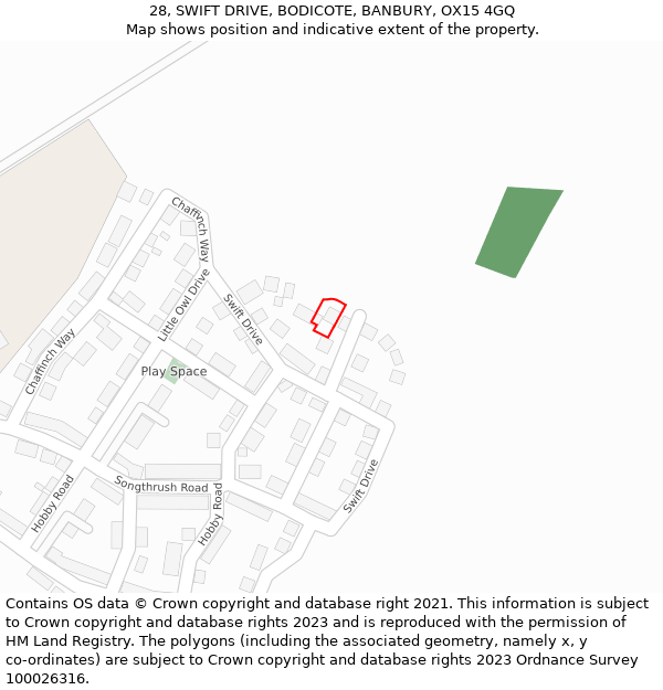 28, SWIFT DRIVE, BODICOTE, BANBURY, OX15 4GQ: Location map and indicative extent of plot